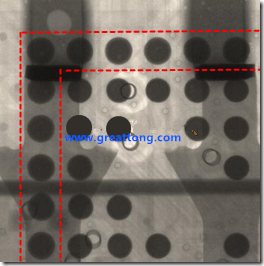 BGA錫球尺寸小于0.4mm，采用降低BGA內(nèi)圍襲球的錫膏量所得到X-Ray，稍微留意一下可以發(fā)現(xiàn)最外圈的錫量(圓的直徑)比其他內(nèi)圍的錫球上的錫量來(lái)得多一點(diǎn)點(diǎn)。也就是外圈的黑色圓形直徑比內(nèi)圈的圓形來(lái)得大一點(diǎn)點(diǎn)。