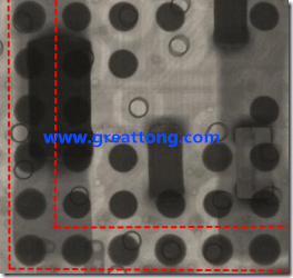 BGA錫球尺寸小于0.4mm，采用降低BGA內(nèi)圍襲球的錫膏量所得到X-Ray，稍微留意一下可以發(fā)現(xiàn)最外圈的錫量(圓的直徑)比其他內(nèi)圍的錫球上的錫量來(lái)得多一點(diǎn)點(diǎn)。也就是外圈的黑色圓形直徑比內(nèi)圈的圓形來(lái)得大一點(diǎn)點(diǎn)。