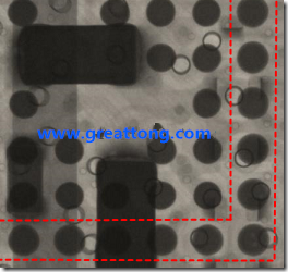 BGA錫球尺寸小于0.4mm，采用降低BGA內(nèi)圍襲球的錫膏量所得到X-Ray，稍微留意一下可以發(fā)現(xiàn)最外圈的錫量(圓的直徑)比其他內(nèi)圍的錫球上的錫量來(lái)得多一點(diǎn)點(diǎn)。也就是外圈的黑色圓形直徑比內(nèi)圈的圓形來(lái)得大一點(diǎn)點(diǎn)。