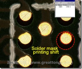 電路板BGA下面的防焊層印刷偏移，造成焊墊大小不一致。