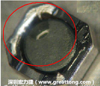 使用錫(Sn)鍍層的電源電感器(Power Inductors)，經(jīng)過(guò)推力測(cè)試后，其焊點(diǎn)還保留在零件的端點(diǎn)上，所以推力比較高。