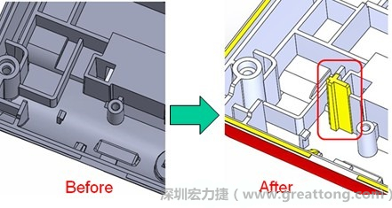 既然知道可能的問題出在電路板變形量過大，于是在電路板上黏貼應(yīng)力計(Stress Gauge)然后先量測未改善前的應(yīng)力數(shù)據(jù)。改善方法是在BGA的附近新增機溝肋柱(rib)來頂住電路板以降低電路板在落下時的變形量。