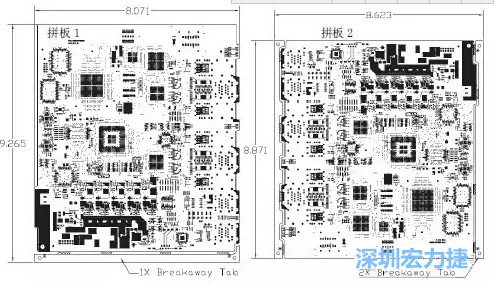 如圖7所示是使用不同數(shù)量邊條的拼板，拼板1僅使用了一個(gè)邊條，直接利用PCB另一邊作為SMT工藝傳送邊，并且PCB圖形中有合適的安裝孔；而拼板2則是按常規(guī)設(shè)計(jì)了兩個(gè)邊條。拼板方式為連接筋。圖中“Breakaway Tab”指邊條-深圳宏力捷