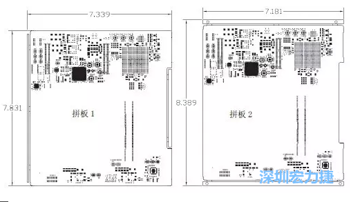 如圖11所示在兩種拼板中PCB單元的邊條位置不同，拼板1中邊條在長(zhǎng)邊方向，而拼板2中邊條在短邊方向-深圳宏力捷