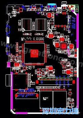 上圖是一個開發(fā)板的PCB，從布局中可以看出各個接口電路分離很明確，SDRAM和DDR以及SD卡接口電路等走線不會造成相互的干擾。-深圳宏力捷