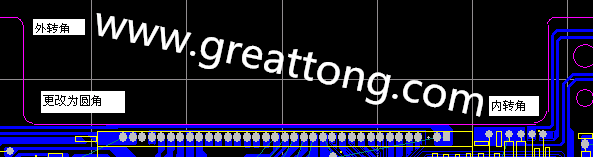 PCB設(shè)計時單面板的轉(zhuǎn)角都需為圓角，R1.0mm或R2.0mm為宜。