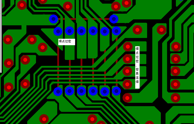 PCB設(shè)計焊點過密，易造成波峰連焊，焊點間漏電