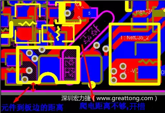 如果碰到模塊PCB空間有限，爬電距離不夠，可以采用開槽的方式