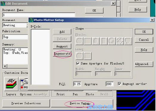 當(dāng)Gerber和鉆孔都設(shè)置完后，選擇一貼片元件較多的層（一般為Top層），點擊Device SetupPhoto，將 Plotter Setup窗口D-Code欄原有的D碼刪除并按Regenerate重新生成