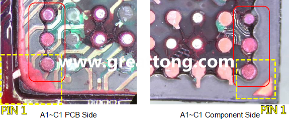 PIN-1的位置很重要，不知道Pin-1在哪里？那你怎么知道斷裂錫球在PCB的位置，如何判斷可能的應(yīng)力(Stress) 影響。一般在PCB的絲印層(白漆)上面一定會標示零件的PIN-1位置，有的未打一個圓點，有的會畫三角形，但這張照片在PCB的PIN-1被紅墨水遮住了，如果可以的話建議那一塊沒有紅墨水的板子對照一下。