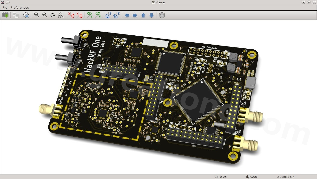 經(jīng)KiCad軟體3D功能渲染過的HackRF One電路板。