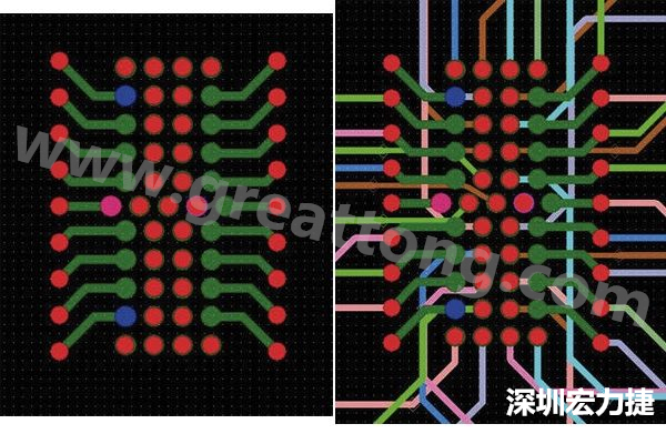 圖7：焊盤內(nèi)過孔用于內(nèi)部，而外部接腳在0.5mm閘格上扇出。圖7a顯示的是頂層(左)；圖7b顯示頂層和內(nèi)部布線層(右)。