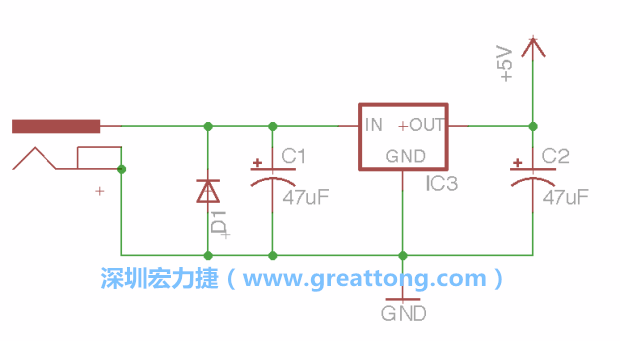 新增RBBB→Power_Jack，將它放在電壓調(diào)整器的輸入端旁邊。