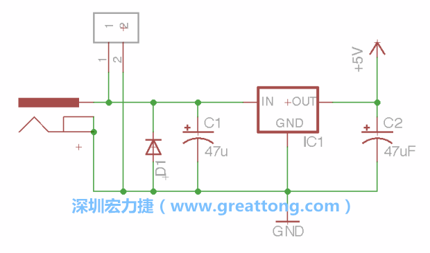 2.5.    新增一個二極體，它會以水平的狀態(tài)出現(xiàn)在屏幕上，請使用「旋轉(zhuǎn)（Rotate）」工具把它負極那一面朝上，并且用「網(wǎng)絡(luò)連接」工具將它連接在電壓調(diào)整器的輸入端和接地端之間。