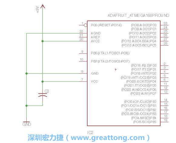 3.1.    新增微控制器晶片（RBBB → ATmega），把它放在電路原理圖的中央附近，把它的兩個接地接頭連接到接地訊號端。