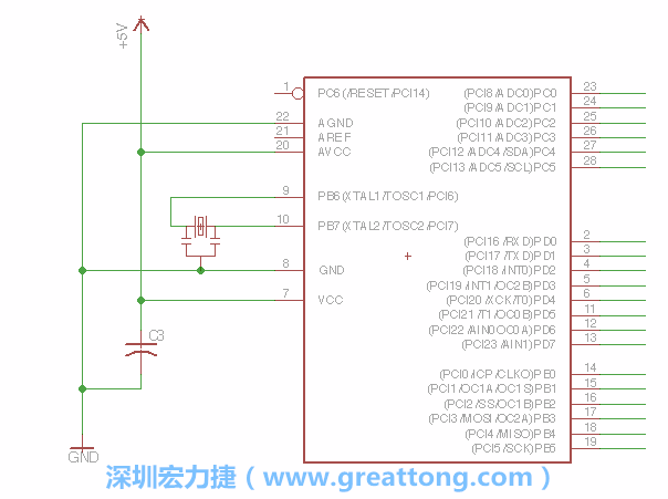 3.2.    在靠近ATmega的電源供應(yīng)針腳7的位置放置一個0.1μF的電容，將它分別連接電源、接地端和針腳7。