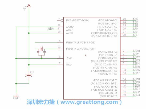 3.3.    將共鳴器（resonator）放置在針腳9和針腳10附近，將它的三個針腳連接如圖所示，并確認(rèn)最中間的針腳有連到接地端。