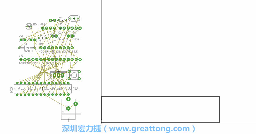 第一次執(zhí)行布線編輯器時，你會發(fā)現(xiàn)有兩個區(qū)塊，左邊的區(qū)塊非?；靵y，而右邊的區(qū)塊則是一個長方形的工作區(qū)域，EAGLE免費版會限制你的工作區(qū)域在4” x 3.2”的范圍內(nèi)，如果你試圖將元件擺放在工作區(qū)外的話，就會跳出警示訊息。