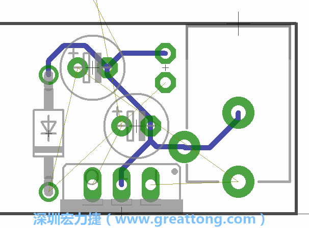 當(dāng)你在擺放元件時，要注意元件間的連結(jié)關(guān)系使用「旋轉(zhuǎn)（Rotate）」工具來讓連結(jié)點更接近、更容易布線。舉例來說，我們可以將這邊的二極體轉(zhuǎn)一個方向來縮短和47μF電容間的連結(jié)距離。