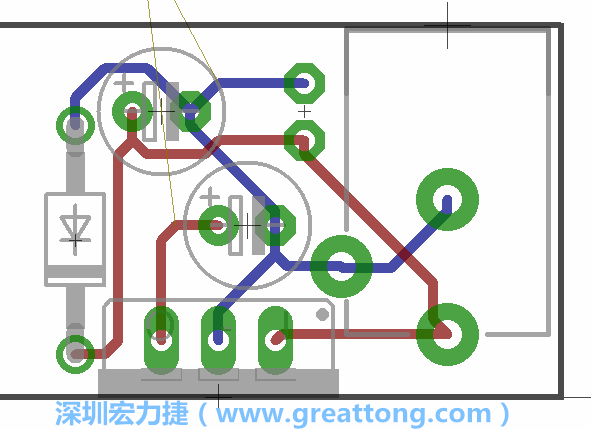 接地連結(jié)點的布線情形如下圖所示，利用這個練習(xí)來避免電路連線銳角化的產(chǎn)生是一個不錯的選擇，你可以在工具列中的彎曲線路（Wire Bend）選項里改變各種布線的變化。