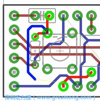 要在電路板正面進行+5V信號線連結(jié)和其他連結(jié)點的布線工作是非常容易的，而重置信號線（信號線用來連結(jié)電路板正面左邊的重置開關(guān)）需要經(jīng)過一個可以通過電路板正反兩面的電路通道，這個通道是一個可以讓電路板正反兩面線路連接的一個小孔。