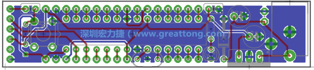 第二篇文章則帶領(lǐng)你進(jìn)行電路板上的布線、連結(jié)點(diǎn)的配置，并利用「設(shè)計(jì)規(guī)則檢查（Design Rule Check）」測(cè)試你的設(shè)計(jì)，第二篇文章的電路板設(shè)計(jì)圖將如下所示：