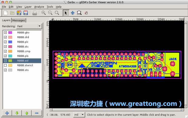 將圖層匯入你的Gerber預(yù)覽工具內(nèi)（下圖為Gerbv），我通常會(huì)從上到下重新排列它們的順序，好讓我比較好校對(duì)：