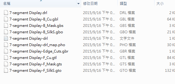 所謂Gerber檔，其實是包含一群檔案 (如下圖所示)，如包含正反面銅箔層 F.Cu B.Cu.，正反面文字面 F.Silkscreen ，B.Silkscreen，防焊層 SolderMask、板邊裁切Edge.Cuts 等。
