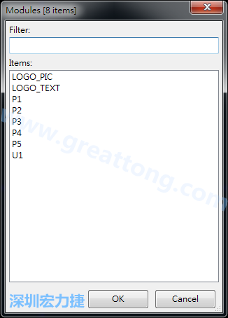 從目前正在編輯的PCB載入Module， 會(huì)顯示有那些項(xiàng)目可載入。點(diǎn)選一個(gè)， OK后即完成載入