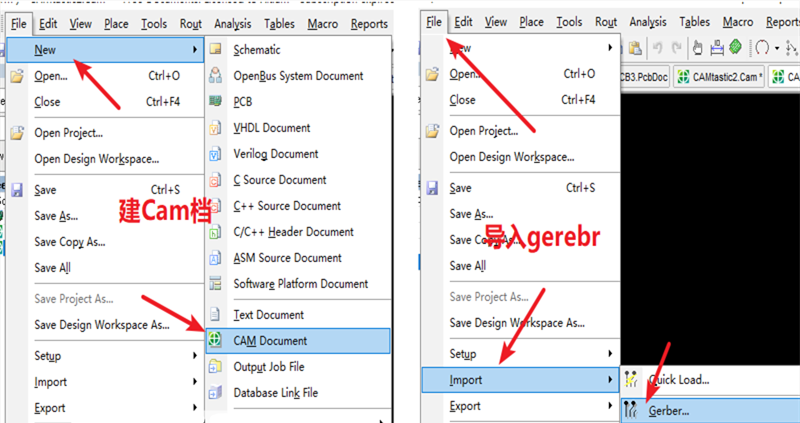 在File下新建 Cam檔，建后再File下導(dǎo)入Gerber文件，選擇所有文件導(dǎo)入gerber。