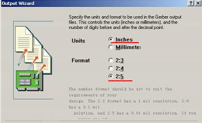 在上圖中選擇“Inches 2：5”，以確保資料精度，反之線寬、線距或孔有偏移現(xiàn)象